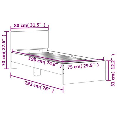 vidaXL Rúmgrind með Höfðagafli og LED ljósum Brún Eik 75x190 cm