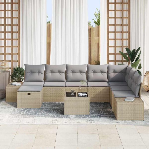 vidaXL Gar&eth;s&oacute;fa sett me&eth; kodda 9 pcs Drapplita&eth;ur Poly rattan
