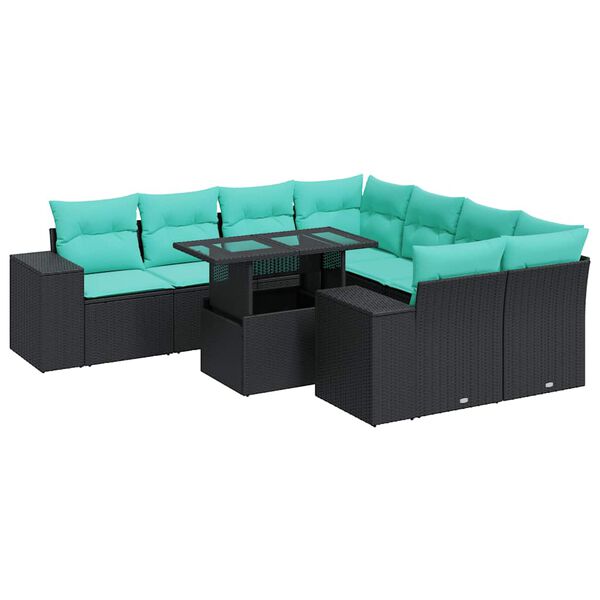 vidaXL 9 stykki gar&eth;s&oacute;fasett me&eth; p&uacute;&eth;um Black Poly Rattan Acacia