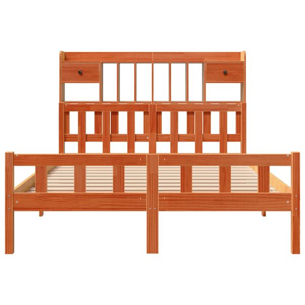 vidaXL Rúmgrind með Bókahillu án Dýnu Vaxbrúnn 160x200cm Gegnheil Fura