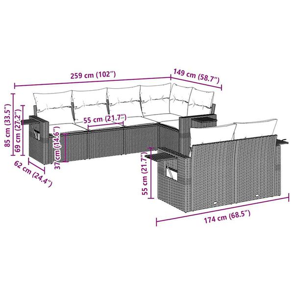 vidaXL 7-Hluta Gar&eth;s&oacute;fasett me&eth; Sessum Lj&oacute;sgr&aacute;r P&oacute;l&yacute;rattan