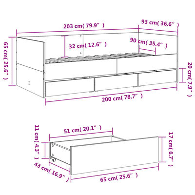 vidaXL Svefnbekkur með Skúffum án Dýnu Gráir Sonoma Eik 90x200 cm