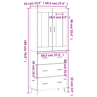 vidaXL Hár Skápur Svartur 69,5x34x180 cm Samsettur Viður