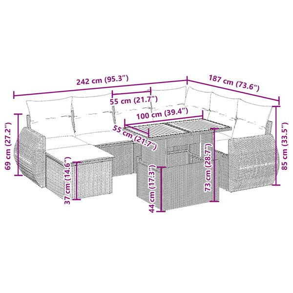 vidaXL 8 Hluta Gar&eth;s&oacute;fasett me&eth; Sessum Drappa&eth; P&oacute;l&yacute;rattan
