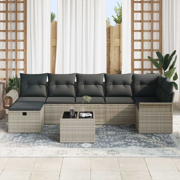 vidaXL Gar&eth;s&oacute;fa sett me&eth; p&uacute;&eth;i me&eth; geymslu 8 pcs Lj&oacute;sgr&aacute;tt Poly rattan