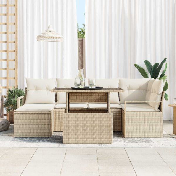 vidaXL Gar&eth;s&oacute;fa sett me&eth; geymslu 7 pcs Drapplita&eth;ur Poly rattan