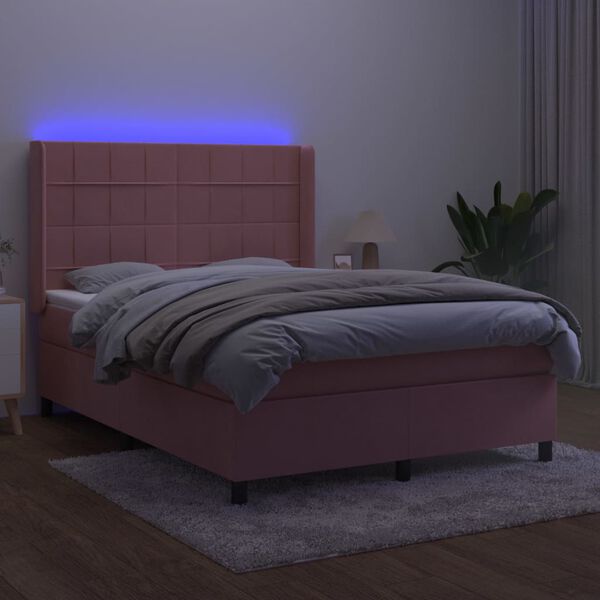 vidaXL H&oacute;lfa&eth; Springr&uacute;m me&eth; D&yacute;nu&LED Bleikur 140x190 cm Flauel