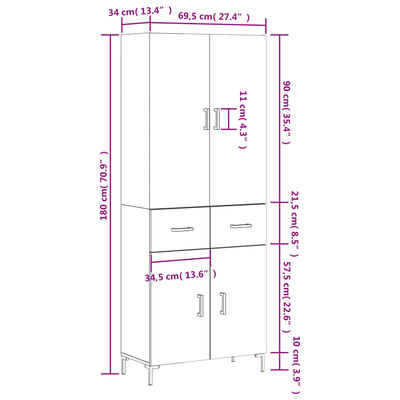 vidaXL Hár Skápur Steypugrár 69,5x34x180 cm Samsettur Viður