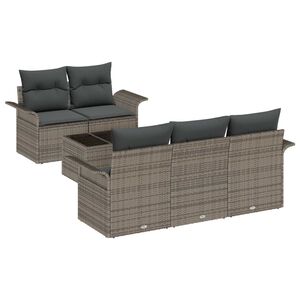 vidaXL Gar&eth;s&oacute;fa sett me&eth; p&uacute;&eth;i 6 pcs Gr&aacute;r P&oacute;l&yacute;rattan, St&aacute;l og Gler