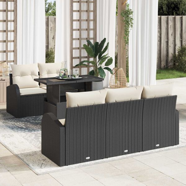 vidaXL Gar&eth;s&oacute;fa sett me&eth; p&uacute;&eth;i me&eth; kodda 6 pcs Svartur Poly Rattan