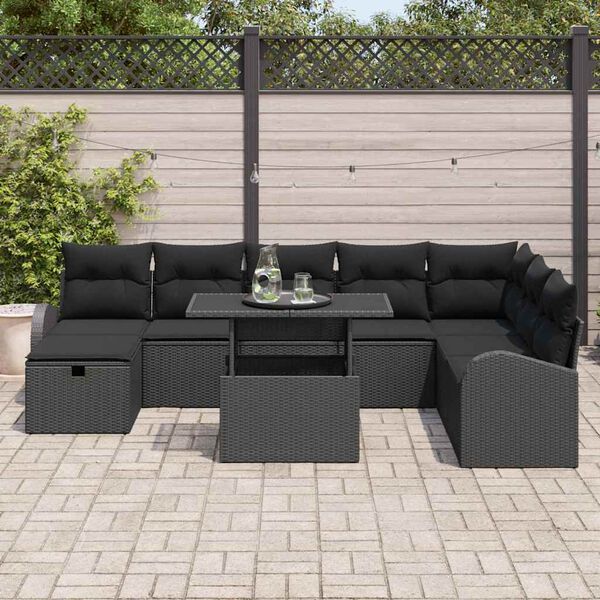vidaXL Gar&eth;s&oacute;fa sett me&eth; p&uacute;&eth;i me&eth; geymslu 9 pcs Svartur Poly rattan