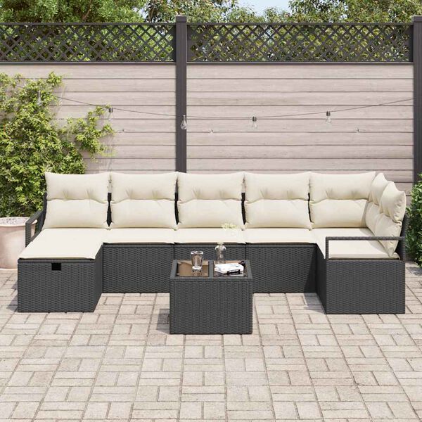 vidaXL Garðsófa sett með púði með geymslu 8 pcs Svartur Poly rattan