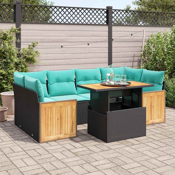 vidaXL 7 stykki gar&eth;s&oacute;fasett me&eth; p&uacute;&eth;um Black Poly Rattan Acacia