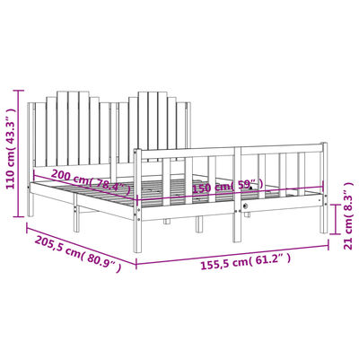 vidaXL Rúmgrind með Höfuðgafli Svartur King Size Gegnheill Viður