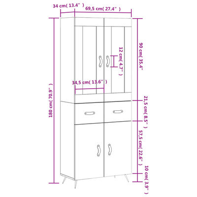 vidaXL Hár Skápur Brún Eik 69,5x34x180 cm Samsettur Viður