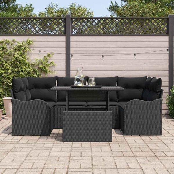 vidaXL Gar&eth;s&oacute;fa sett me&eth; p&uacute;&eth;i me&eth; geymslu 7 pcs Svartur Poly Rattan