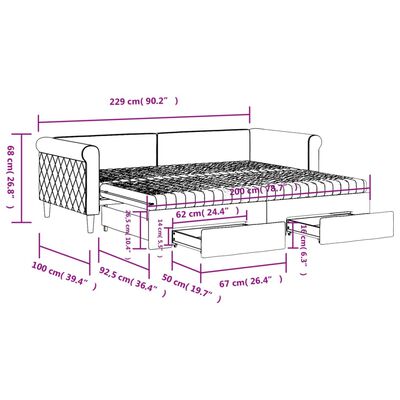 vidaXL Svefnsófi með Hjólaplötu og Skúffum Ljósgrár 90x200 cm Flauel