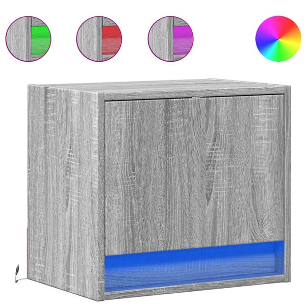 vidaXL Veggfest Náttborð með LED Ljósum 2 stk. Grá Sonoma