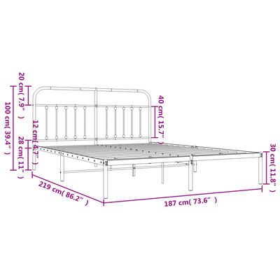 vidaXL Rúmgrind úr Málmi án Dýnu með Höfðagafli Svört 183x213 cm