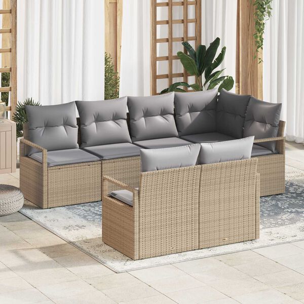 vidaXL Gar&eth;s&oacute;fa sett me&eth; p&uacute;&eth;i 7 pcs Beige og lj&oacute;sgr&aacute;r p&oacute;l&yacute;rattan