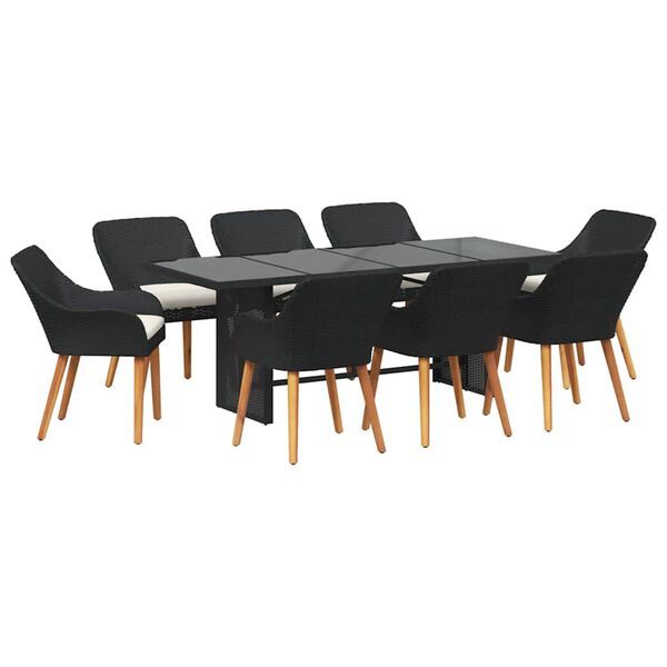 vidaXL Garður borðsett með púði 9 pcs Svartur pólýrattan