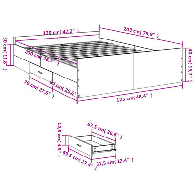 vidaXL Rúmgrind með Skúffum án Dýnu Gráir Sonoma Eik 120x200 cm