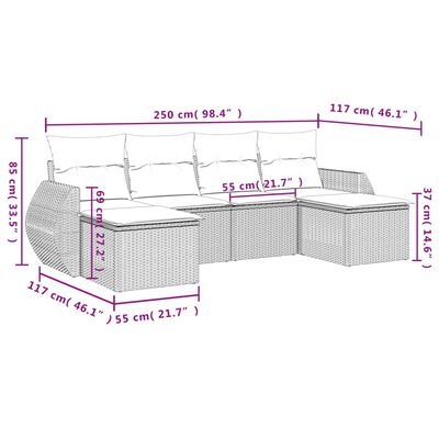 vidaXL 6 -Hluta Garðsófasett með Sessum Ljósgrátt Pólýrattan