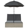 vidaXL Tvöfaldur Sólbekkur með Sessum og Sólhlíf Ljósgrá Pólýrattan