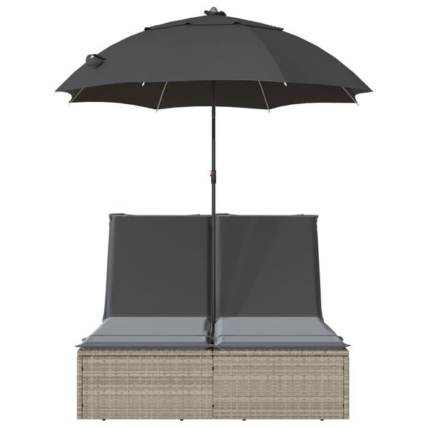 vidaXL Tvöfaldur Sólbekkur með Sessum og Sólhlíf Ljósgrá Pólýrattan