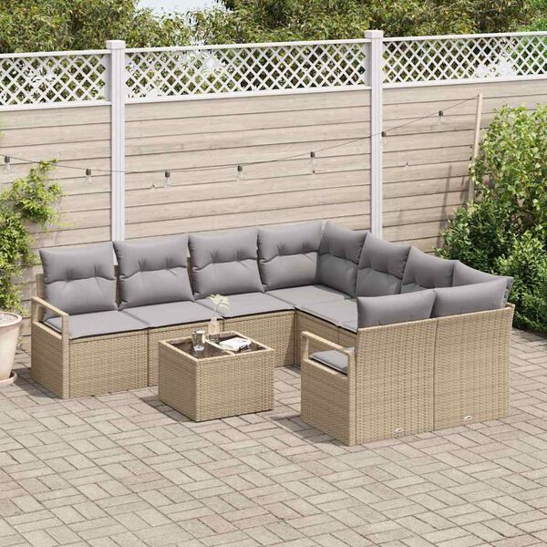 vidaXL S&oacute;fasett me&eth; p&uacute;&eth;i me&eth; geymslu 9 pcs Beige og Gr&aacute;tt p&oacute;l&yacute;rattan
