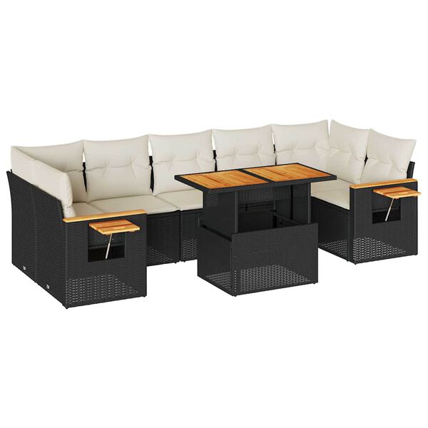 vidaXL 8 stykki garðsófasett með púðum Black Poly Rattan Acacia