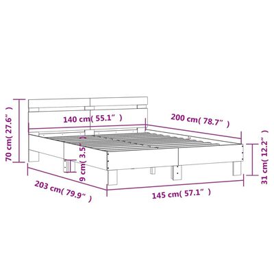 vidaXL Rúmgrind með Höfuðgafli Sonoma Eik 140x200 cm Samsettur Viður