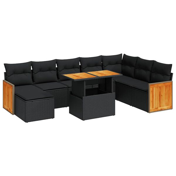 vidaXL 9 stykki gar&eth;s&oacute;fasett me&eth; p&uacute;&eth;um Black Poly Rattan Acacia