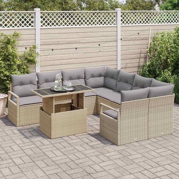 vidaXL Gar&eth;s&oacute;fa sett me&eth; p&uacute;&eth;i 9 pcs Beige og lj&oacute;sgr&aacute;r p&oacute;l&yacute;rattan