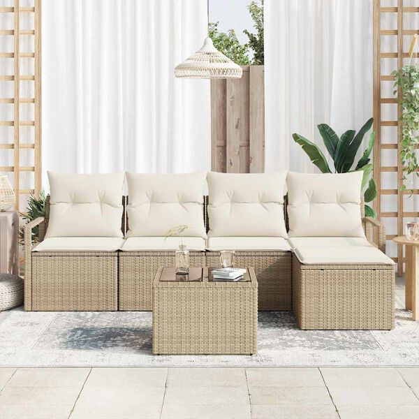 vidaXL S&oacute;fasett me&eth; p&uacute;&eth;i me&eth; geymslu 6 pcs Beige og krem p&oacute;l&yacute;rattan