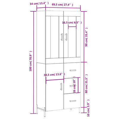 vidaXL Hár Skápur Brún Eik 69,5x34x180 cm Samsettur Viður