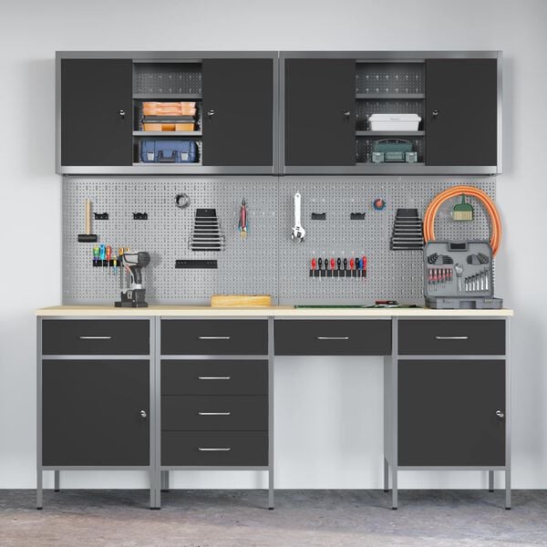 vidaXL Vinnusk&aacute;pur me&eth; sk&uacute;ffu 10 pcs Svartur Vinnslutr&eacute; og st&aacute;li