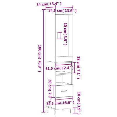 vidaXL Skenkur hvítt 34,5x34x180 cm Samsettur Viður