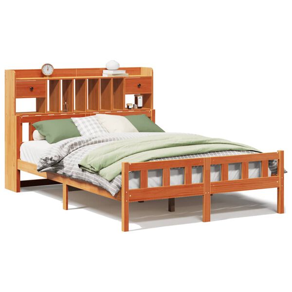 vidaXL Rúmgrind með Bókahillu án Dýnu Vaxbrúnn 160x200cm Gegnheil Fura