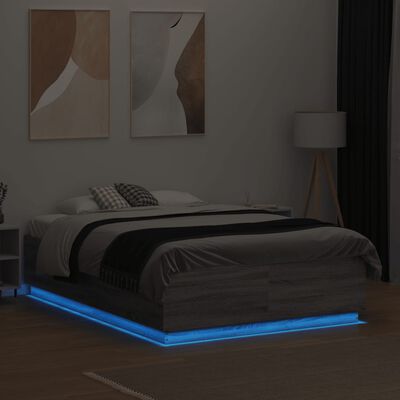 vidaXL Rúmgrind með LED án Dýnu Gráir Sonoma Eik 135x190 cm