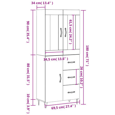 vidaXL Hár Skápur Grár Sonoma 69,5x34x180 cm Samsettur Viður