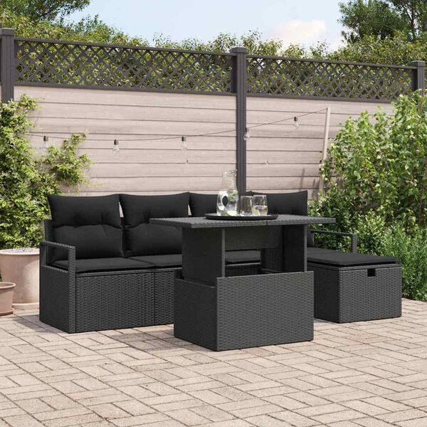 vidaXL Garðsófa sett með púði með geymslu 6 pcs Svartur Poly rattan