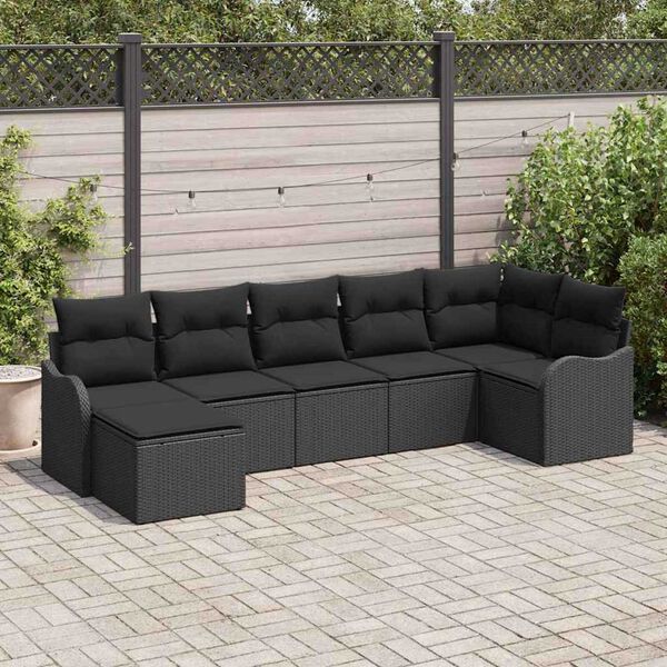 vidaXL Gar&eth;s&oacute;fa sett me&eth; p&uacute;&eth;i 7 pcs Svartur Poly rattan