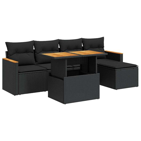 vidaXL 6 stykki garðsófasett með púðum Black Poly Rattan Acacia