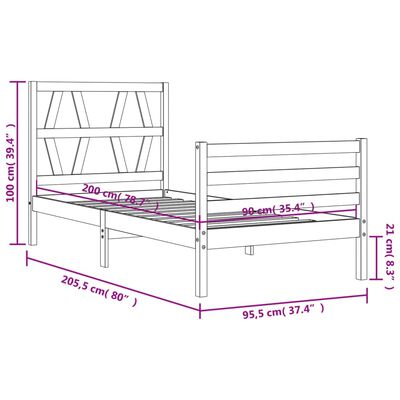 vidaXL Rúmgrind með Höfuðgafli Hvítu 90x200 cm Gegnheil viðar