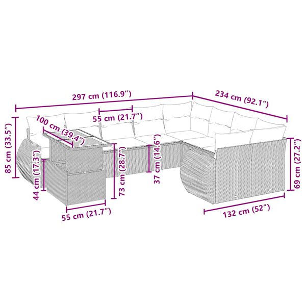 vidaXL 10 Hluta Gar&eth;s&oacute;fasett me&eth; Sessum Drappa&eth; P&oacute;l&yacute;rattan