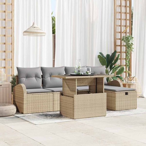vidaXL Garðsófa sett með púði 6 pcs Drapplitaður Poly rattan