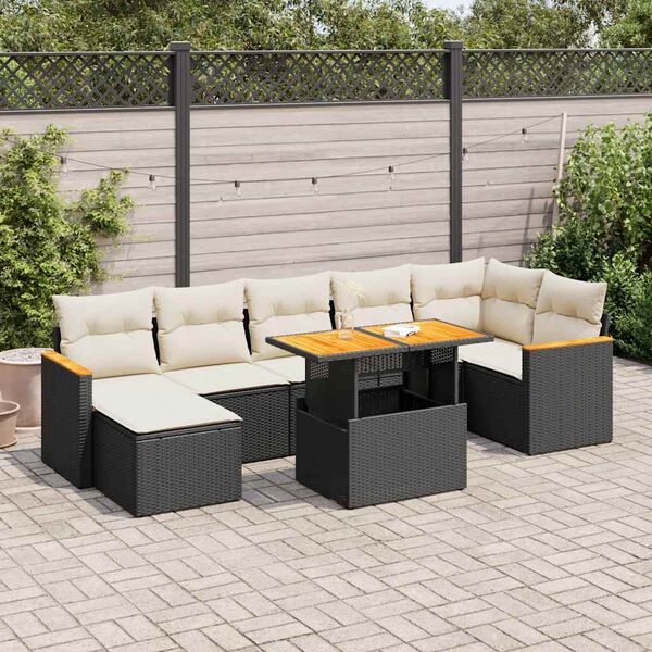 vidaXL 8 stykki garðsófasett með púðum Black Poly Rattan Acacia