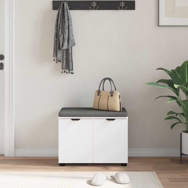 vidaXL Hallarbekk me&eth; p&uacute;&eth;i Hv&iacute;t 60 x 38 x 46 cm Virkur tr&eacute; og d&uacute;kur