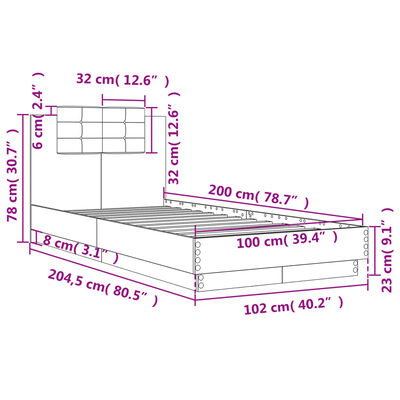 vidaXL Rúmgrind með Höfuðgafli Brúnn Eik 100x200 cm Samsettur Viður